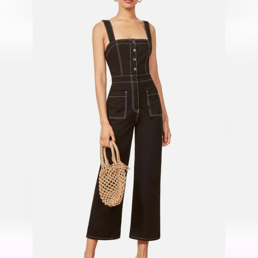 Reformation Black White Amory Contrast Stictching Wide Leg Jumpsuit Sz.2